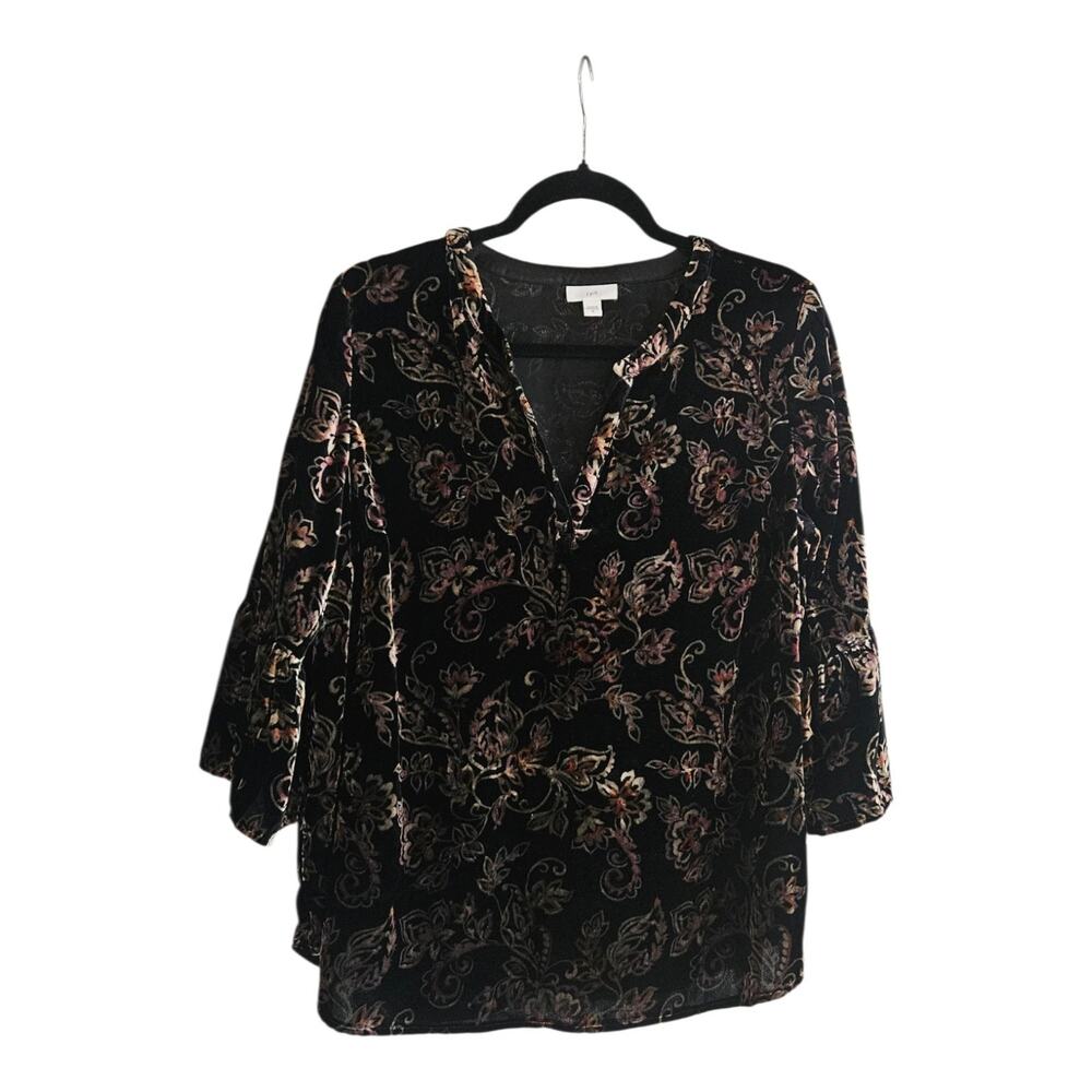 J Jill Top Womens Small Black Floral Velour Stretch Bell Sleeve Causal Career